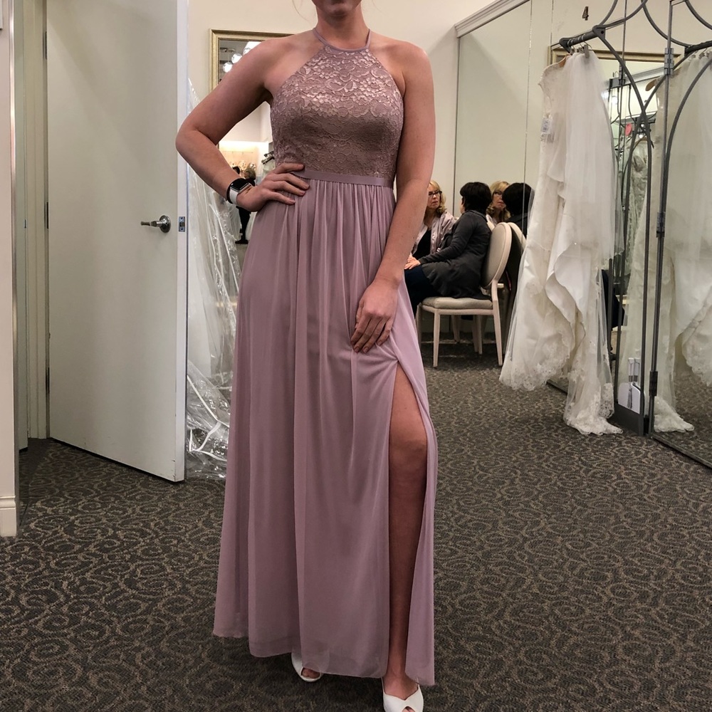 Rose gold metallic David’s bridal dress F19608M